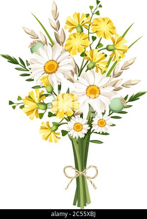 Vektor-Bouquet von weißen und gelben Gänseblümchen und Wildblumen und Ähren von Weizen isoliert auf weißem Hintergrund. Stock Vektor