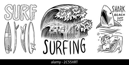 Surfabzeichen. Retro Wave. Vintage Surfer-Logo. Sommer-kalifornische Labels. Mann auf dem Surfbrett, Strand und Meer. Emblem mit Gravur handgezeichnet. Banner oder Stock Vektor