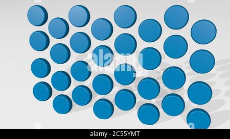 SYMMETRISCHES MUSTER durch 3D-Illustration einer glänzenden Metallic-Skulptur mit dem Schatten auf hellem Hintergrund. Abstrakt und Design Stockfoto