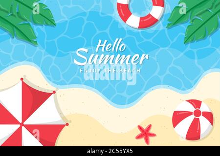 Schöne Hallo Sommer Hintergrund. Sommer Hintergrund mit Sonnenschirmen, Strandbällen, Seesterne und tropischen Blättern am Strand. Stock Vektor