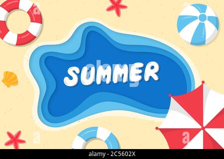 Sommer Hintergrund Papier Stil. Sommer Hintergrund auf dem Meer mit Sonnenschirmen, Strandbällen und Seesternen. Stock Vektor