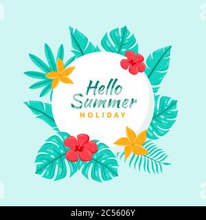 Handgezeichneter tropischer Hello Sommer Hintergrund. Sommer Hintergrund mit tropischen Blättern und Blumen. Flaches Design. Stock Vektor