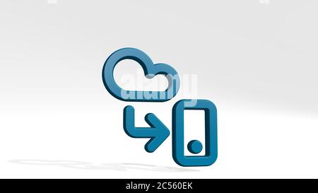 CLOUD-SMARTPHONE-DOWNLOAD aus einer Perspektive mit dem Schatten. Eine dicke Skulptur aus metallischen Materialien von 3D-Rendering. Hintergrund und Illustration Stockfoto