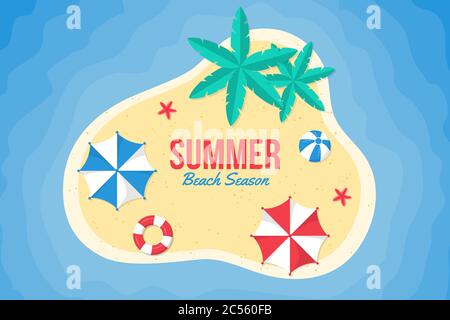 Sommer Hintergrund flach Design. Sommer Hintergrund am Strand mit Sonnenschirmen, Strandbällen, Seesterne und tropischen Blättern. Stock Vektor