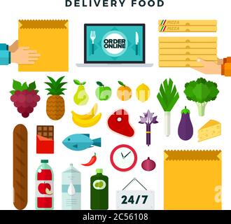 Online Bestellung und Lieferung von Lebensmitteln, Satz von Symbolen. Lebensmittelzustellung. Farbenfrohe Vektorgrafik. Stock Vektor