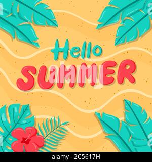 Handgezeichneter tropischer Hello Sommer Hintergrund. Sommer Hintergrund mit tropischen Blättern und Blumen. Flaches Design. Stock Vektor