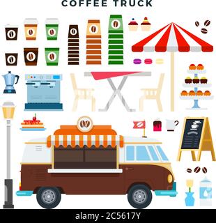 Retro-Kaffee-Van und Street-Café-Elemente, Set. City Street Food Truck mit verschiedenen Arten von Kaffee zum Mitnehmen. Vektorgrafik. Stock Vektor