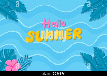 Handgezeichneter Hello Sommer Hintergrund. Sommer Hintergrund mit tropischen Blättern und Blumen am Strand. Stock Vektor
