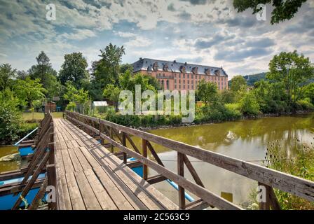 Welfenschloss, Werra, Fluss, Blument Werder, Pontonbrücke, Hann. Münden, Niedersachsen, Deutschland, Europa Stockfoto