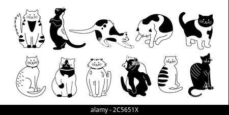 CAT-Zeichensatz. Niedliche flache Cartoon-Design-Set. Verschiedene Katzenrassen, Tierfiguren. Lustige Katzen sitzen, schlafen. Monochrome, handgezeichnete Tiere Konturlinien. Isolierte Vektordarstellung Stock Vektor