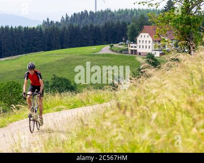 Rennradfahrer auf schmaler Bergstraße im Mittleren Schwarzwald, Freiamt Gemeinde, Baden-Württemberg Stockfoto