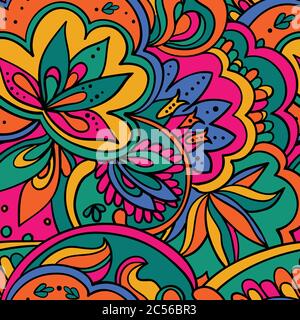 Farbenfrohe Nahtmuster mit Pflanzen und floralen Elementen. Heller psychedelischer Hintergrund. Stock Vektor