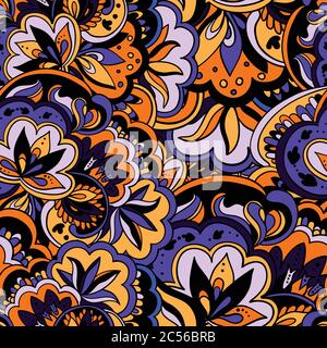 Farbenfrohe Nahtmuster mit Pflanzen und floralen Elementen. Heller psychedelischer Hintergrund. Vektorgrafik/ Stock Vektor