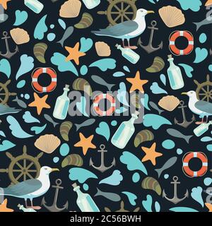 Nahtloses Muster mit Möwen und Ankern und Walen. See nautische marine Vektor-Druck für Kinder Dekor oder Textil. Stock Vektor