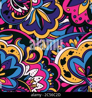 Farbenfrohe Nahtmuster mit Pflanzen und floralen Elementen. Heller psychedelischer Hintergrund. Stock Vektor