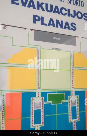 Nahaufnahme Karte, Führer, Layout des Sportarena Rūmai, eine Sportarena, die von den Rusisern im Jahr 1971 gebaut wurde. Jetzt geschlossen. In Vilnius, Litauen. Stockfoto