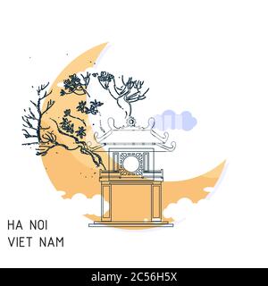 Eine Illustration eines Gebäudes hinter einem Halbmond und Bäumen in Vietnam neben den Worten 'Ha Noi Viet Nam' Stockfoto