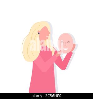 Depressive Frau hält positive Maske Mädchen Abdeckung Gesicht Emotionen hinter Maske gefälschte Gefühl Depression psychische Störung Konzept Porträt Vektor Illustration Stock Vektor