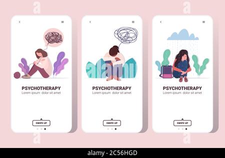Set verärgert Mädchen weinen Depression Probleme Stress Psychotherapie psychische Gesundheit Depression Konzept Smartphone-Bildschirme Sammlung horizontale voller Länge kopieren Raum Vektor Illustration Stock Vektor
