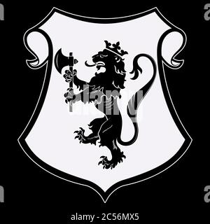 Wappen der Wappentier. Wappentier Löwe Silhouette, Wappentier mit einem gekrönten Löwen hält eine Axt in seinen Vorderpfoten Stock Vektor