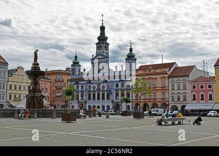 Europa, Tschechien, Böhmen, Südböhmen, Budweis, Premysla-Otakara-II-Platz, Samsonbrunnen Stockfoto