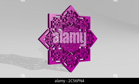 SYMMETRISCHES MUSTER durch 3D-Illustration einer glänzenden Metallic-Skulptur mit dem Schatten auf hellem Hintergrund. Abstrakt und Design Stockfoto