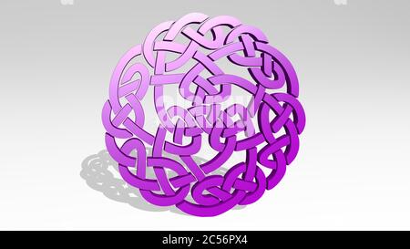 Symmetrisches Muster aus einer Perspektive mit dem Schatten. Eine dicke Skulptur aus metallischen Materialien von 3D-Rendering. Hintergrund und Illustration Stockfoto
