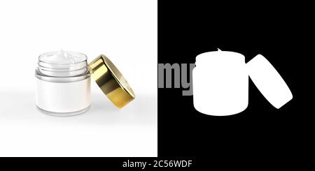 Kosmetische Glas Glasbehälter mit Körper, Gesichtscreme. Realistische Verpackung Mockup Schablone mit Goldkappe. Isoliert auf Weiß. 3D-Rendering. Stockfoto