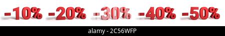 % Rabatt Verkaufsförderung auf 3d isoliert auf weißem Hintergrund gerendert. 10 20 30 40 und 50 Prozent Rabatt Stockfoto