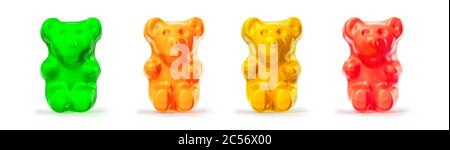 Gelee Gummibärchen Süßigkeiten. Fruchtgummi Süßigkeiten isoliert auf weißem Hintergrund. Rot, orange, gelb und grün. 3D-Rendering Stockfoto