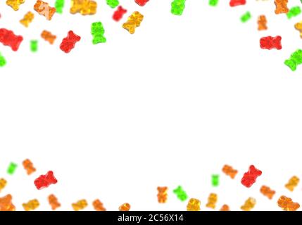 Gelee Gummibärchen fliegende Süßigkeiten Hintergrund. Thema Süßigkeiten mit Fruchtgummi. Rot, orange, gelb und grün. 3d-Rendering. Stockfoto