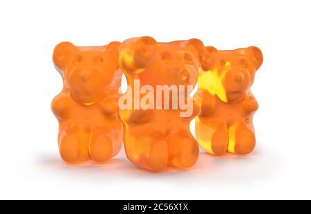 Gummibärchen Süßigkeiten. Leckere, zähige Gelee-Orangenbären. Leckere Gelatine Süßigkeiten. 3D-Rendering. Isoliert auf Weiß. Stockfoto