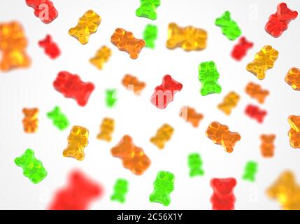 Gelee Gummibärchen fliegende Süßigkeiten Hintergrund. Thema Süßigkeiten mit Fruchtgummi. Rot, orange, gelb und grün. 3d-Rendering Stockfoto