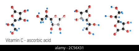 Vitamin C Molekülstruktur. l-Ascorbinsäure, Ascorbinsäure, Ascorbat. Vitamin C ist ein großes Antioxidans. 3D-Rendering. Stockfoto