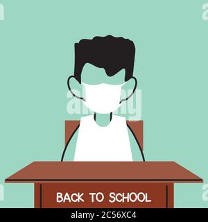 Zurück zur Schule, Junge im Klassenzimmer mit Gesichtsmasken Vektor Illustration Design zu studieren Stock Vektor