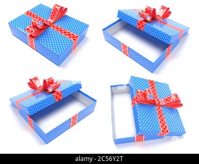 Geschenkboxen. Blaue Box mit roter Schleife. 3d-Rendering-Illustration Stockfoto