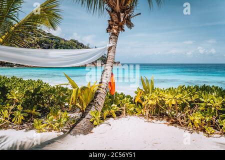 Tropischer Sandstrand mit blauer Ozeanlagune im Hintergrund auf der Mahe Insel, Seychellen. Stockfoto