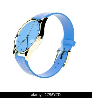 Armbanduhr. Blaues Zifferblatt mit goldenem Gehäuse und blauem Lederarmband. 3d-Rendering-Illustration Stockfoto