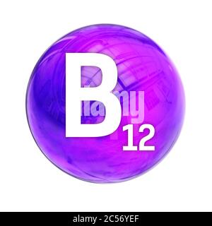 Vitamin B12-Kugelmolekül für die medizinische Apotheke. Leuchtendes Symbol von Vitamin B12. Ascorbinsäure. Vitamin-Symbol. 3D-Rendering Stockfoto