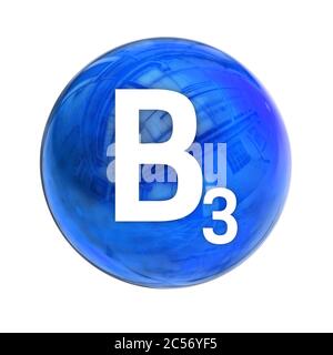 Vitamin B3-Kugelmolekül für medizinische Pharmazie. Leuchtendes Symbol von Vitamin B3. Vitamin-Symbol. 3D-Rendering. Niacin. Stockfoto