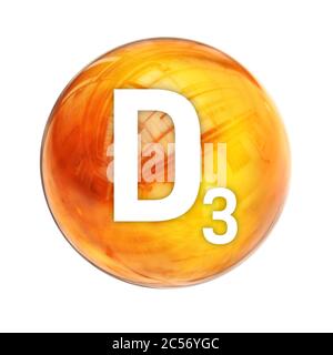 Vitamin D3-Kugelmolekül für medizinische Pharmazie. Leuchtendes Symbol von Vitamin D3. Vitamin-Symbol. 3D-Rendering Stockfoto