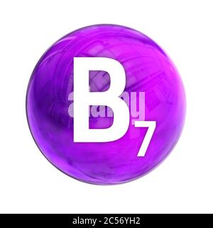 Vitamin B7-Kugelmolekül für die medizinische Apotheke. Leuchtendes Symbol von Vitamin B7. Biotin. Vitamin-Symbol. 3D-Rendering Stockfoto