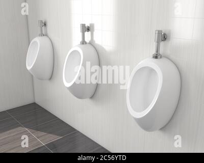 Weiße Urinale in der öffentlichen Toilette der Männer. Moderne keramische Urinale hängen an der gefliesten Wand. 3d-Rendering-Illustration Stockfoto