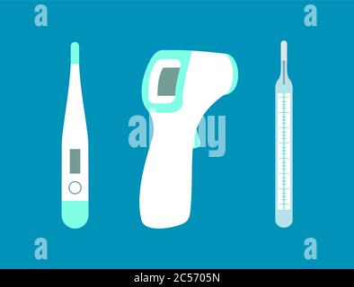 Drei verschiedene Thermometer zur Überprüfung der Körpertemperatur. Laser-, digitale und Quecksilberthermemessgeräte. Covid-19 Prävention. Neue normale. Stock Vektor