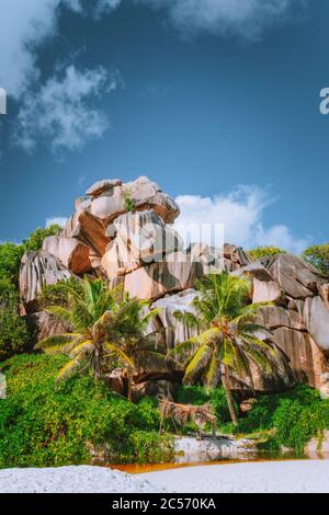 La Digue Insel, Seychellen. Grand Anse bizarr geformte Granitfelsen mit Palmen am Sandstrand. Stockfoto