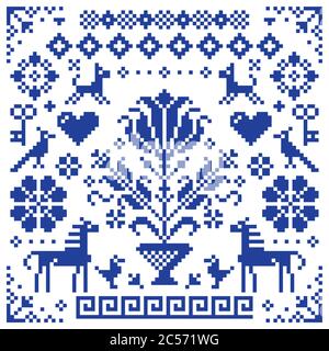 Retro Kreuzstich Vektor nahtlose Muster, Hintergrund inspiriert von alten deutschen und österreichischen Stil Stickerei Blumen und Vögel und geometrische Ecken Stock Vektor