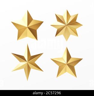 Set von goldenen realistischen Sternen mit verschiedenen Strahlen isoliert auf einem weißen Hintergrund. Vektorgrafik Stock Vektor