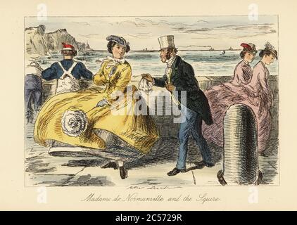 Englischer Gentleman und Dame treffen sich auf Ramsgate Promenade, 19. Jahrhundert. Die französische Witwe in gelbem Kleid mit Sonnenschirm hatte ihr Taschentuch für Rowley Rounding abgelegt, um es zu holen. Madame de Normanville und The Squire. Handkolorierter Stahlstich nach einer Illustration von John Leech aus Robert Smith Surtees’ Mr. Facey Romford’s Hounds, Bradbury, Evans and Co., London, 1865. Leech (1817-1864) war ein englischer Karikaturist und Illustrator, der vor allem für seine Arbeit für das Punch Magazin bekannt war. Stockfoto