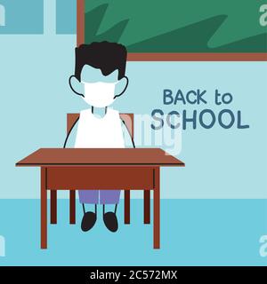Zurück zur Schule, Junge im Klassenzimmer mit Gesichtsmasken Vektor Illustration Design zu studieren Stock Vektor