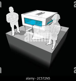 3d-Illustration eines modernen Hauses oder einer funktionalistischen Villa und eines Architekten mit glücklichem Mann, der davor steht Stock Vektor